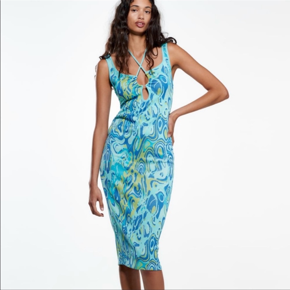 NWT Zara Cut out Jacquard Light Blue Midi Dress Size L